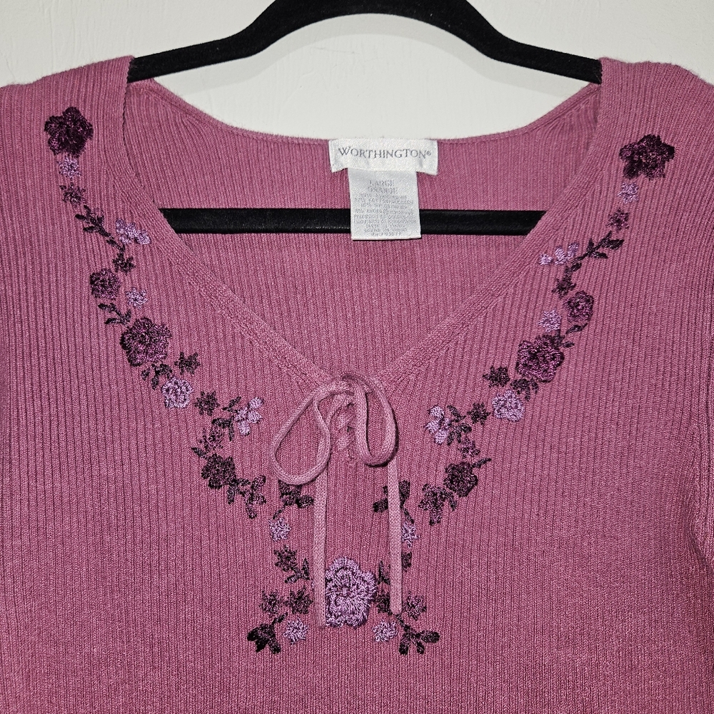 Y2K Sweater Embroidered Floral Vintage Fairycore Ribbed Knit Large Whimsy - Picture 5 of 13